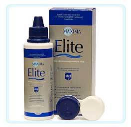Рис. 1. Упаковка содержит многоцелевой раствор Maxima Elite(флаконы по 360мл и 100мл), а также контейнер для линз.