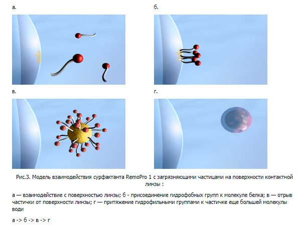 Модель взаимодействия сурфактанта RemoPro 1 с загрязняющими частицами на поверхности контактной линзы 